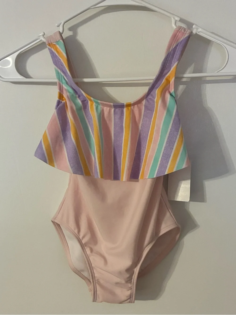 Girls Pink One-Piece Swimsuit with Colorful Striped Ruffle